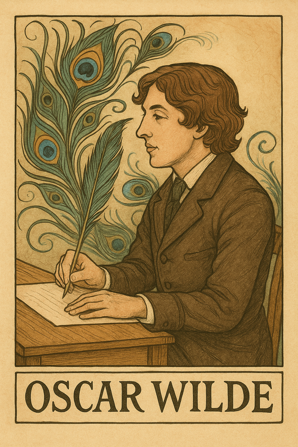 Illustration of Oscar Wilde writing with a peacock feather quill