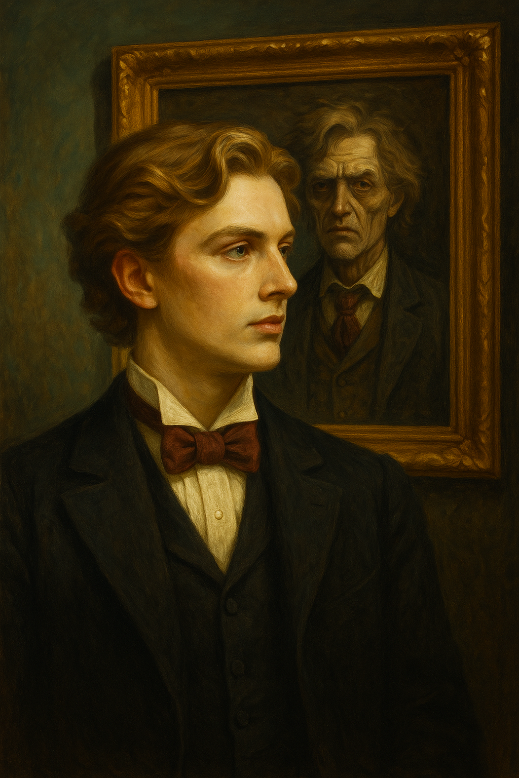 A young man in Victorian dress in front of a portrait that shows an older, corrupted version of himself, representing The Picture of Dorian Gray.