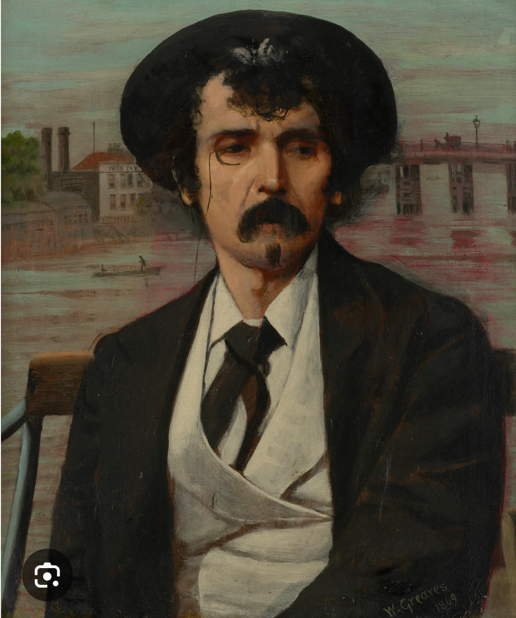 Portrait of James McNeill Whistler wearing his signature wide-brimmed hat and monocle, with the Thames visible in the atmospheric background typical of his Tonalist style