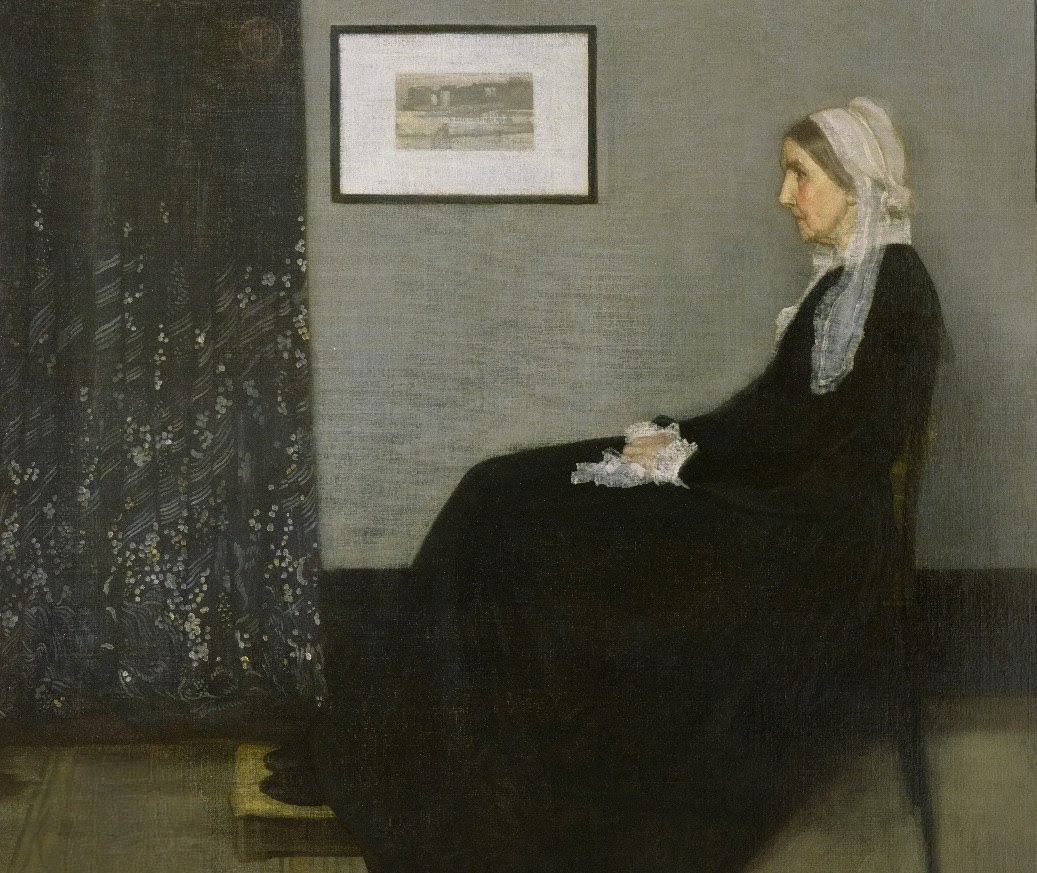 Arrangement in Grey and Black No. 1 by James McNeill Whistler, commonly known as Whistler's Mother, showing a woman in black seated in profile against a grey wall